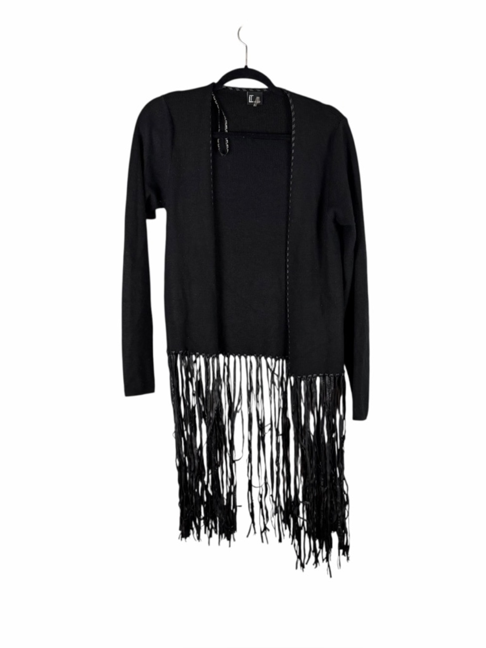 Love Token Black Fringe Open Front Cardigan Size S